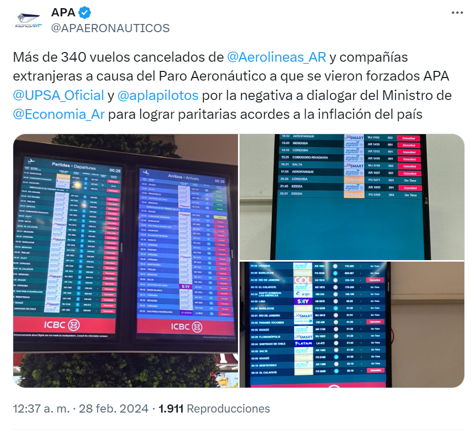 Son el menos 340 los vuelos afectados este miércoles por el paro de aeronáuticos.