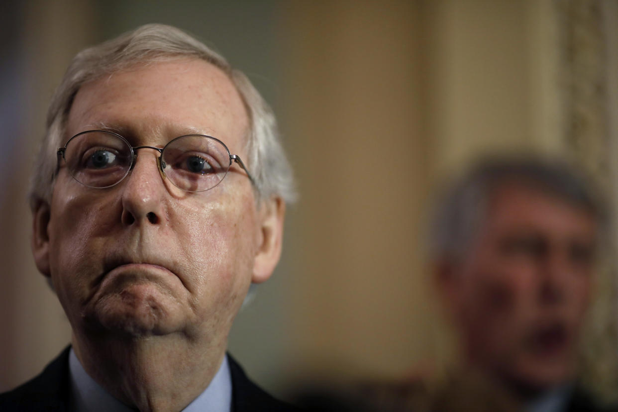 Senate Majority Leader Mitch McConnell (R-Ky.) at a news conference ahead of a Senate weekly luncheon meeting at the U.S. Capitol on Tuesday. (Photo: Aaron P. Bernstein/Bloomberg via Getty Images)