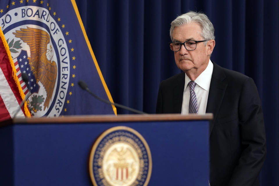 Federal Reserve Chairman Jerome Powell arrives to speak during a news conference in Washington, Wednesday, May 3, 2023, following the Federal Open Market Committee meeting. (AP Photo/Carolyn Kaster)