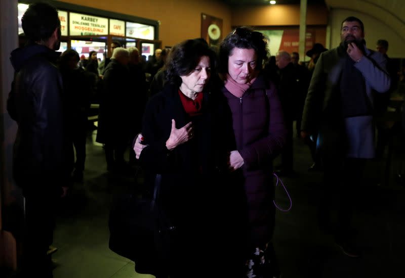 Ayse Bugra, wife of Osman Kavala, Turkish businessman and philanthropist, leaves the restaurant after learning that Istanbul prosecutor's office demanded the detention of her husband, in Silivri