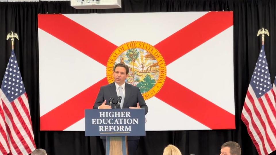 Gov. Ron DeSantis announced plans to reform public universities by banning CRT and investing millions of dollars in Sarasota’s New College. Her made his remarks at the Bradenton campus of State College of Florida on Jan. 31, 2023.