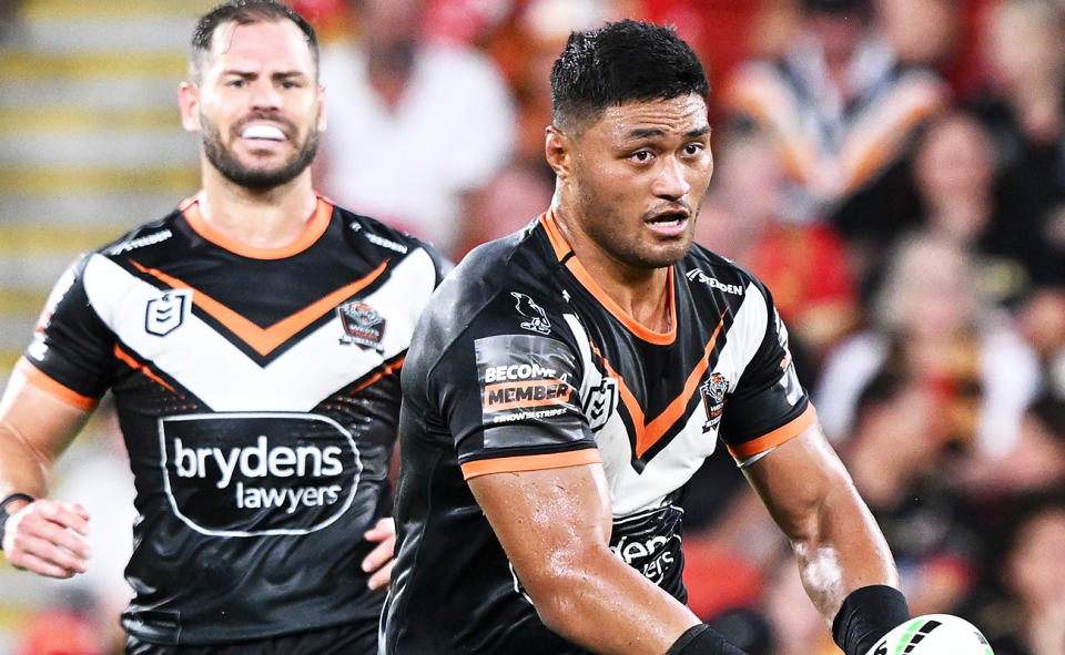 Stefano Utoikamanu, pictured here in action for the Wests Tigers.