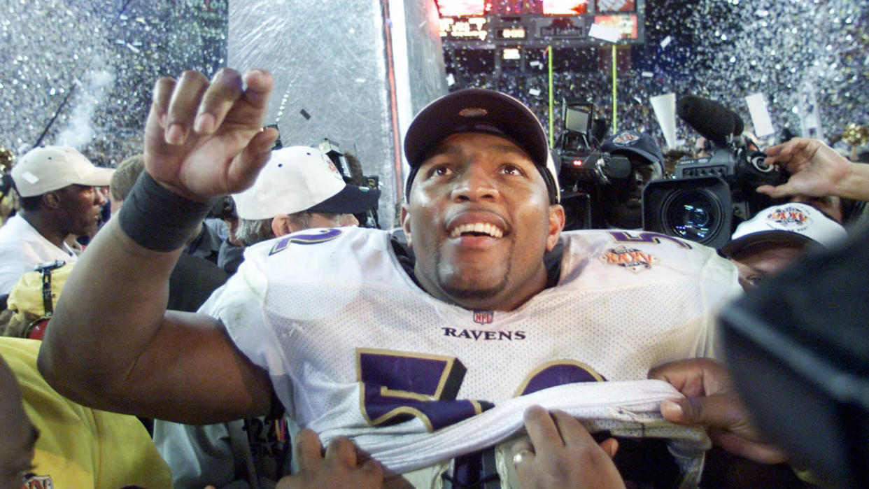 Mandatory Credit: Photo by Rick Bowmer/AP/Shutterstock (6031199a)Ray Lewis Baltimore Ravens linebacker Ray Lewis smiles after defeating the New York Giants 34-7 and being named the MVP of Super Bowl XXXV in Tampa, Fla.