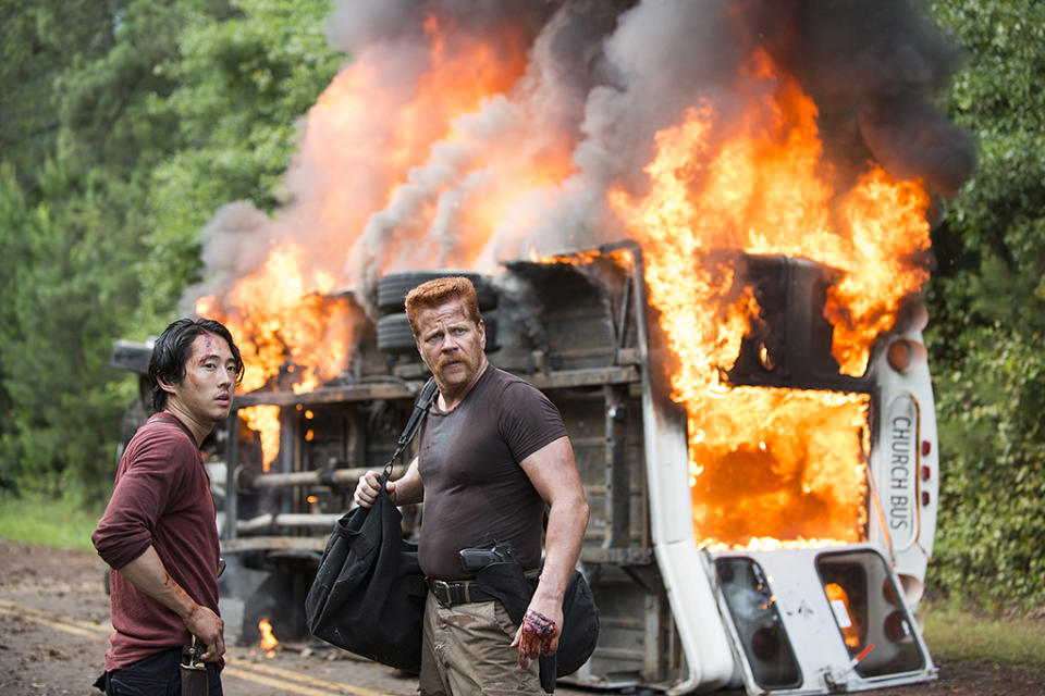 Steven Yeun as Glenn Rhee and Michael Cudlitz as Abraham Ford in AMC's The Walking Dead.