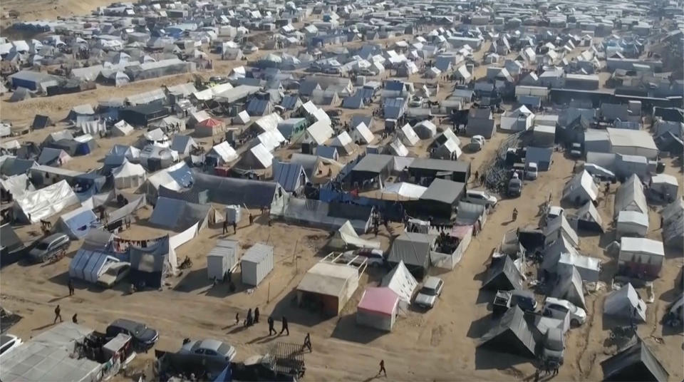 This drone image shows thousands of tents used by displaced people in Rafah, southern Gaza Strip on Friday, Dec. 29, 2023. The United Nations says tens of thousands of Palestinians streamed into the already crowded town at the southernmost end of Gaza in recent days. They are fleeing Israel’s bombardment of the center of the strip. (AP Photo)This drone image shows thousands of tents used by displaced people in Rafah, southern Gaza Strip on Friday, Dec. 29, 2023. (AP Photo)