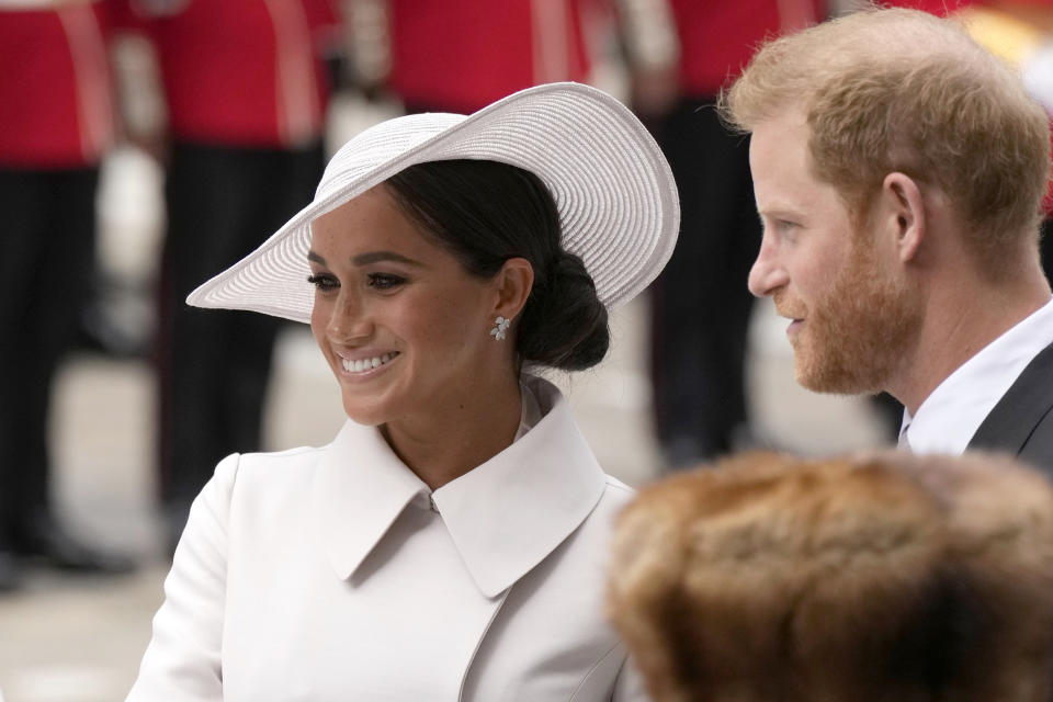 Prince Harry and Meghan Markle, Duke and Duchess of Sussex arrive for a service of thanksgiving for the reign of Queen Elizabeth II at St Paul's Cathedral in London, Friday, June 3, 2022 on the second of four days of celebrations to mark the Platinum Jubilee. The events over a long holiday weekend in the U.K. are meant to celebrate the monarch's 70 years of service. (Photo by Matt Dunham - WPA Pool/Getty Images)