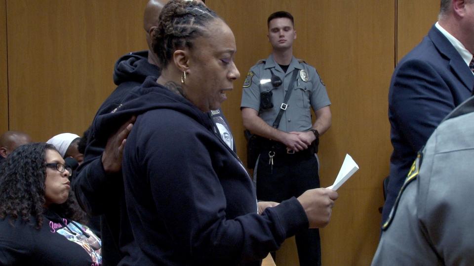 Javon Cutler's mother Jinell Cutler speaks to the court during the sentencing for Leyron Jones and Daivon Sullivan before Superior Court Judge Guy P. Ryan in Toms River Friday, October 20, 2023. The two men were sentenced for the 2020 murder of her son in Toms River.