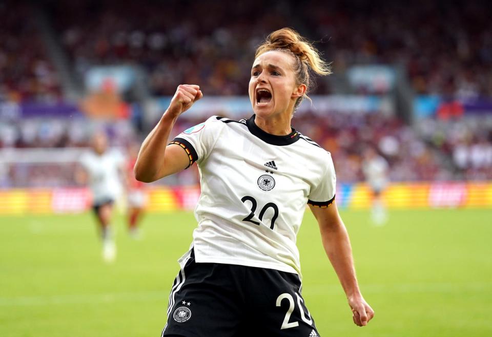 Germany’s Lina Magull celebrates opening the scoring against Denmark on Friday (Nick Potts/PA) (PA Wire)