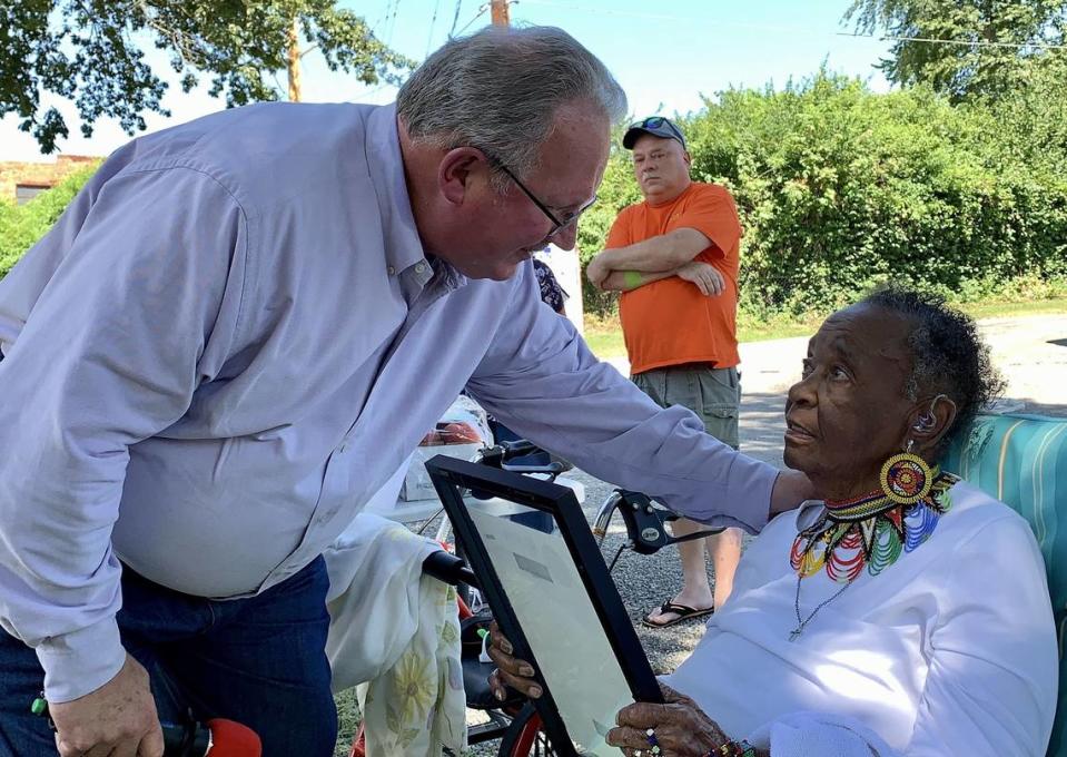 Mark Eckert honored former Belleville resident Doris Lyke with a city proclamation at her 100th birthday party in 2019, one of many such actions during his 16-year tenure as mayor.