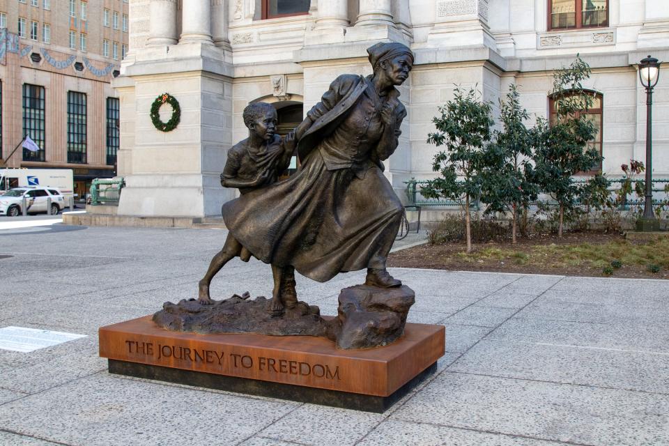 A sculpture of Harriet Tubman, 'Harriet Tubman – The Journey to Freedom' was installed at Philadelphia's City Hall on Tuesday, Jan. 11. The traveling monument will be in place until March 31 before it moves to its next location. The sculpture was done by award-winning sculptor Wesley Wofford.