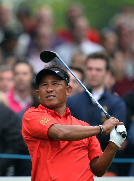 Thai golfer Thongchai Jaidee watches his drive from the 17th tee during the final round of the BMW PGA Championship at Wentworth Golf Club in Surrey, south west of London, England, on May 24, 2015