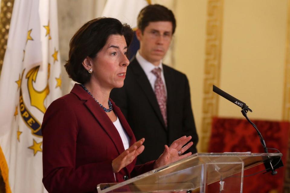 Gov. Gina Raimondo gives a COVID briefing alongside Director of Administration Brett Smiley in April 2020. Raimondo is now supporting Smiley's campaign for mayor of Providence.