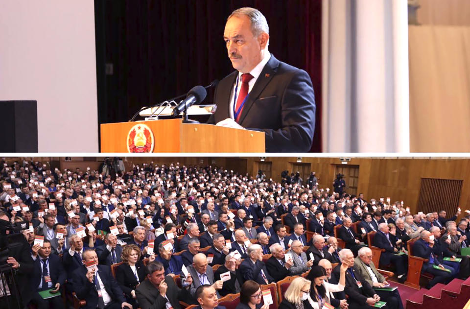 A combination of images made available on the official Telegram channel of Supreme Council of the Pridnestrovian Moldavian Republic shows, top, Alexander Korshunov, Chairman of the Pridnestrovian Moldavian Republic's Supreme Council, addressing delegates and, bottom, delegates attending a session in Tiraspol, the capital of the breakaway region of Transnistria, in Moldova, Wednesday, Feb. 28, 2024. Legislators in Moldova's Russia-backed breakaway region of Transnistria used a rare meeting on Wednesday to appeal to Moscow and the European Union and other international bodies for help amid mounting socio-economic pressure they blame on Moldova's pro-Western government. (Supreme Council of the PMR telegram channel via AP)