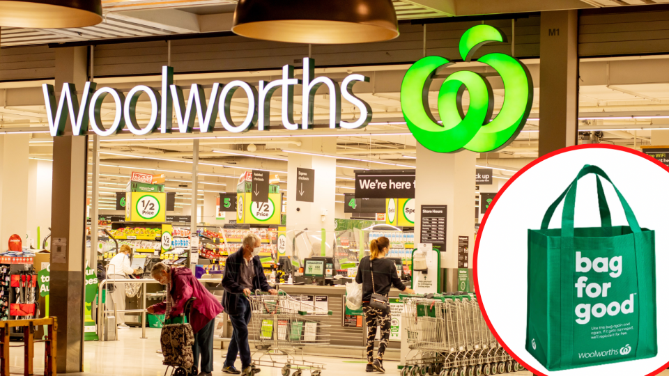 The exterior of a Woolworths store and the green Bag for Good bag.