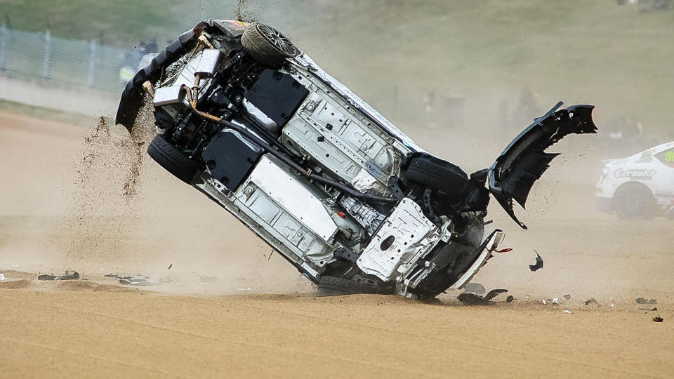 Peter Vodanovich, pictured here crashing during the Toyota 86 Racing Series at the Bathurst 1000.