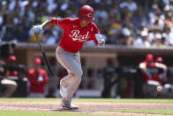 Cincinnati Reds' Shogo Akiyama hits an infield single in the seventh inning of a baseball game against the San Diego. Padres, Sunday, June 20, 2021, in San Diego. (AP Photo/Derrick Tuskan)