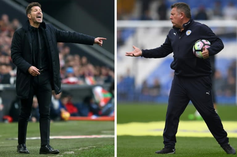 Leicester City's manager Craig Shakespeare (R) during a match against Everton at Goodison Park in Liverpool, on April 9, 2017 and Atletico Madrid's coach Diego during a match against Athletic Club Bilbao on January 22, 2017