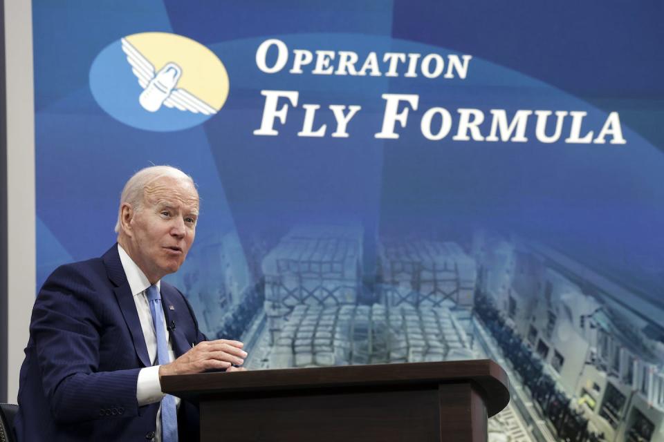 President Biden met with baby formula manufacturers in June 2022 to discuss shortages. <a href="https://www.gettyimages.com/detail/news-photo/president-joe-biden-meets-virtually-with-baby-formula-news-photo/1400488773" rel="nofollow noopener" target="_blank" data-ylk="slk:Kevin Dietsch/Getty Images;elm:context_link;itc:0;sec:content-canvas" class="link ">Kevin Dietsch/Getty Images</a>
