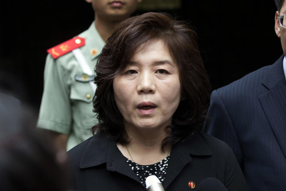 FILE - Choe Son Hui, deputy director general of the Department of U.S. Affairs of North Korea Foreign Ministry, briefs journalists outside the North Korean embassy in Beijing, China on June 23, 2016. North Korean leader Kim Jong Un promoted the veteran diplomat with deep experience in handling U.S. affairs as his new foreign minister during a plenary meeting of the ruling Workers’ Party’s Central Committee convened during June 8 - June 10, 2022. (AP Photo/Andy Wong, File)