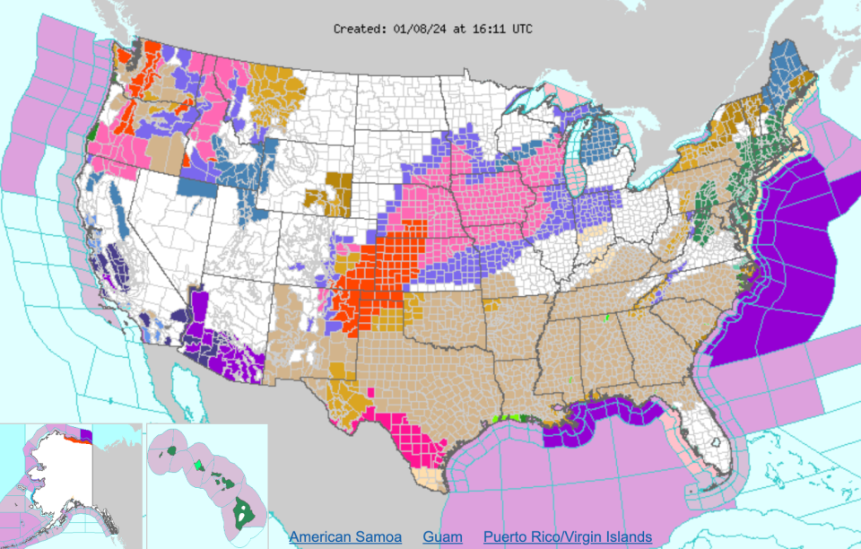 The beige color — depicted across the southern US on this map provided by the National Weather Service — indicates counties under a wind advisory (National Weather Service)