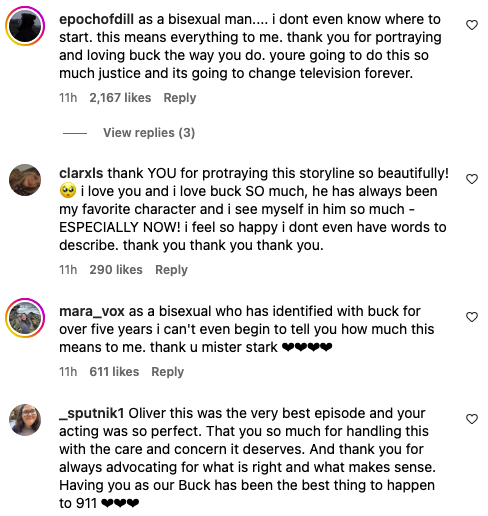 Several social media comments praising Oliver's portrayal of a bisexual character, expressing personal connection and gratitude