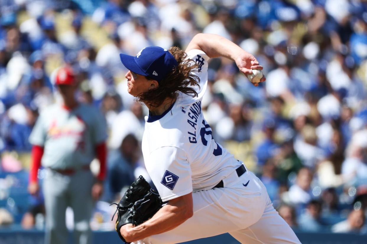 Los Angeles Dodgers starting pitcher Tyler Glasnow pitches.