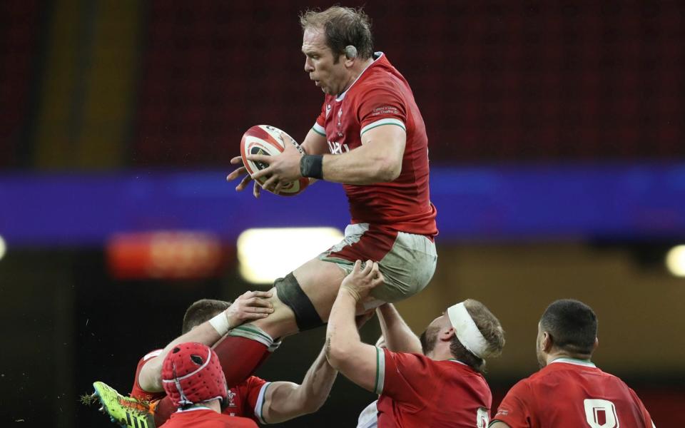  In this Saturday, Feb. 27, 2021 file photo, Wales' Alun Wyn Jones gathers the ball in a line out during the Six Nations rugby union match between Wales and England at the Millennium stadium in Cardiff, Wales. Wales great Alun Wyn Jones was selected on Thursday May 6, 2021, as captain of the British and Irish Lions for the first time for the tour of South Africa - David Davies/Pool via AP, File