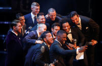 Soccer Football - The Best FIFA Football Awards - London Palladium, London, Britain - October 23, 2017 Actor Idris Elba poses for a selfie with FIFA FIFPro World 11 players Paris Saint-Germain’s Neymar, Real Madrid’s Cristiano Ronaldo, Barcelona’s Lionel Messi, Barcelona’s Andres Iniesta, Real Madrid’s Luka Modric, Real Madrid’s Toni Kroos, Paris Saint-Germain’s Dani Alves, Real Madrid’s Sergio Ramos, AC Milan's Leonardo Bonucci, Real Madrid’s Marcelo and Juventus’ Gianluigi Buffon during the awards Action Images via Reuters/John Sibley