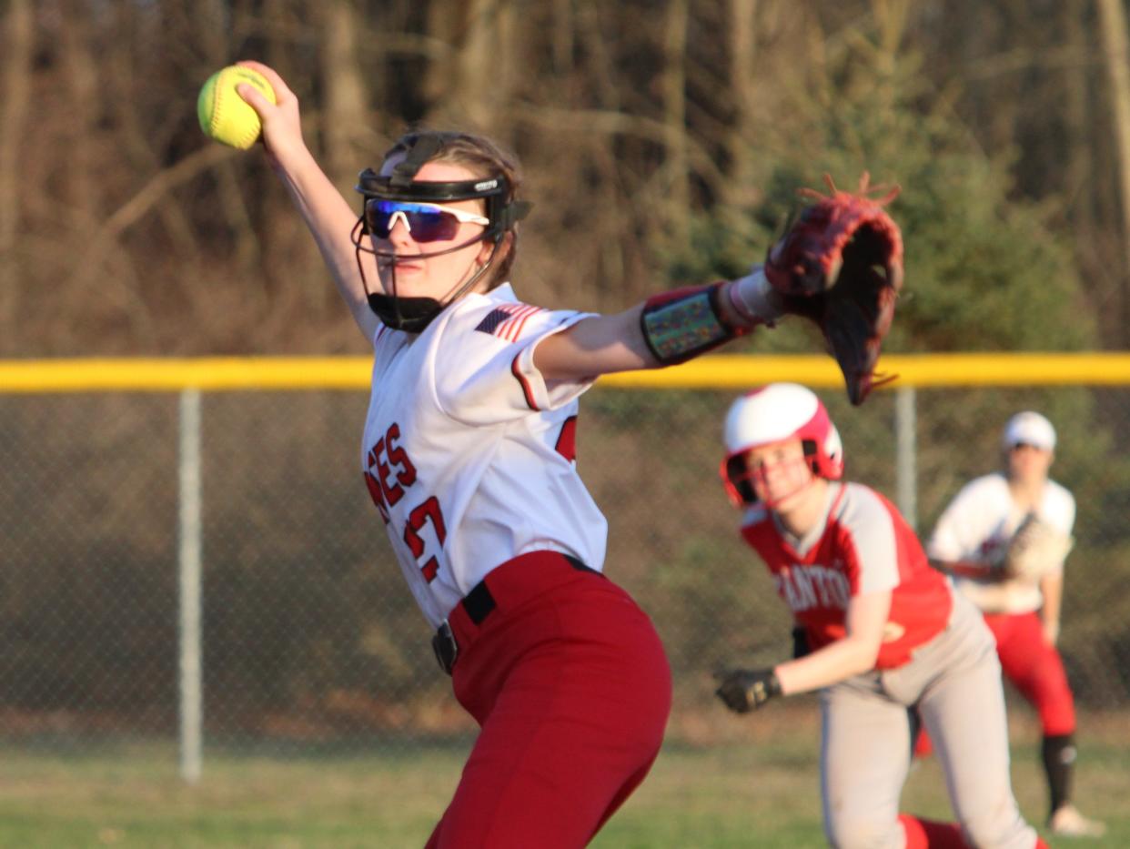 Freshman Natally Pease was one of three Pinckney pitchers who combined to sweep Canton on Monday, April 10, 2023.