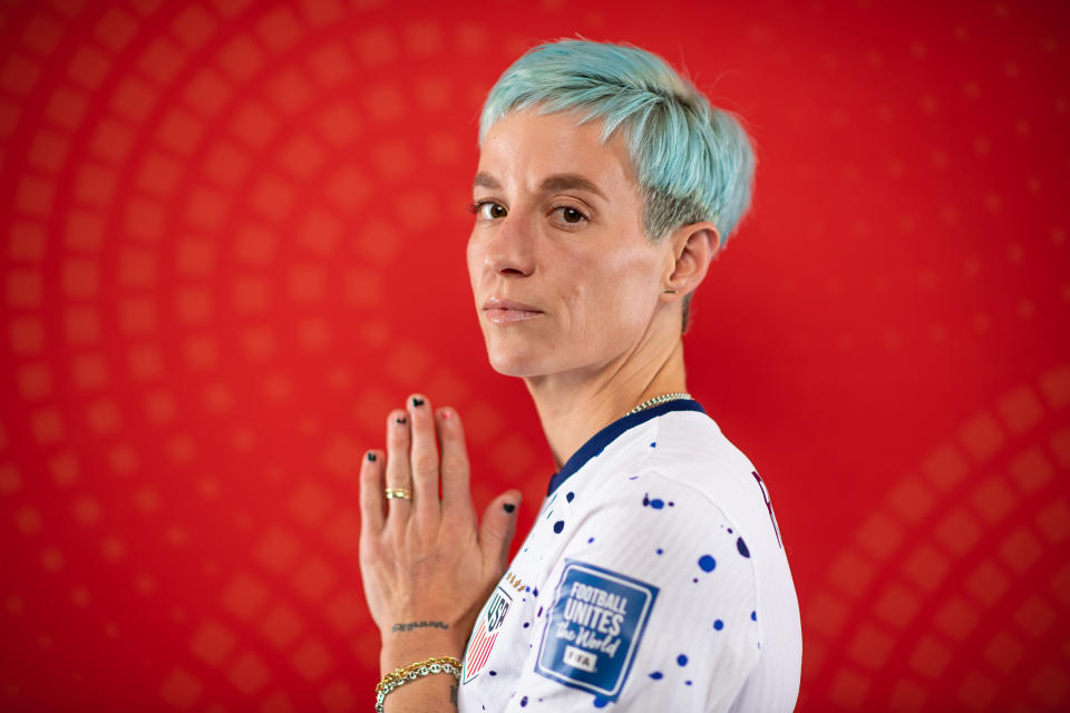 AUCKLAND, NEW ZEALAND - JULY 17: Megan Rapinoe of USA poses for a portrait during the official FIFA Women's World Cup Australia & New Zealand 2023 portrait session on July 17, 2023 in Auckland, New Zealand.  (Photo by Hannah Peters - FIFA/FIFA via Getty Images)