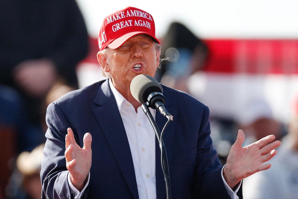 Former President and Republican presidential candidate Donald Trump speaks during a Buckeye Values PAC Rally in Vandalia, Ohio, on March 16, 2024.