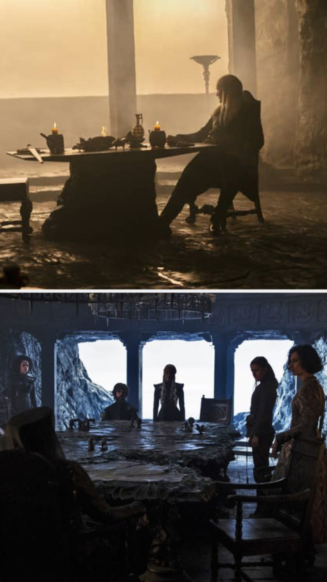 Daemon sits at a small table in a room in front of big windows above an image of Daenerys with her council around a large table shaped like a map situated in the same room