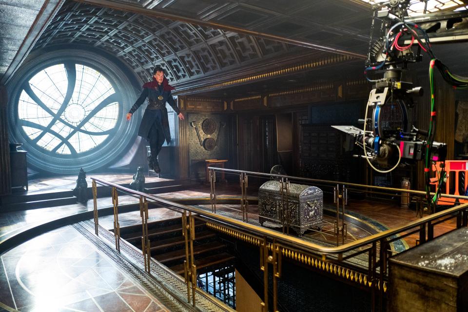 <p>Benedict Cumberbatch shot his cameo for <em>Thor: Ragnarok</em> during the production of <em>Doctor Strange</em>, and here he's seen floating in front of the Sanctum Sanctorum's iconic window before he heads downstairs to meet the Asgardian. Also, Feige adds, those wires were just for backup. "Benedict has fancy English acting training," he jokes. "He doesn't need wires to float!"</p>