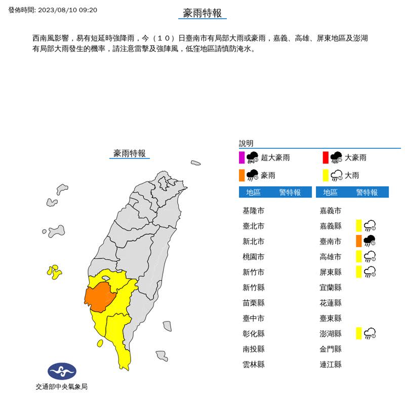 5縣市豪、大雨特報。（圖／翻攝自氣象局）