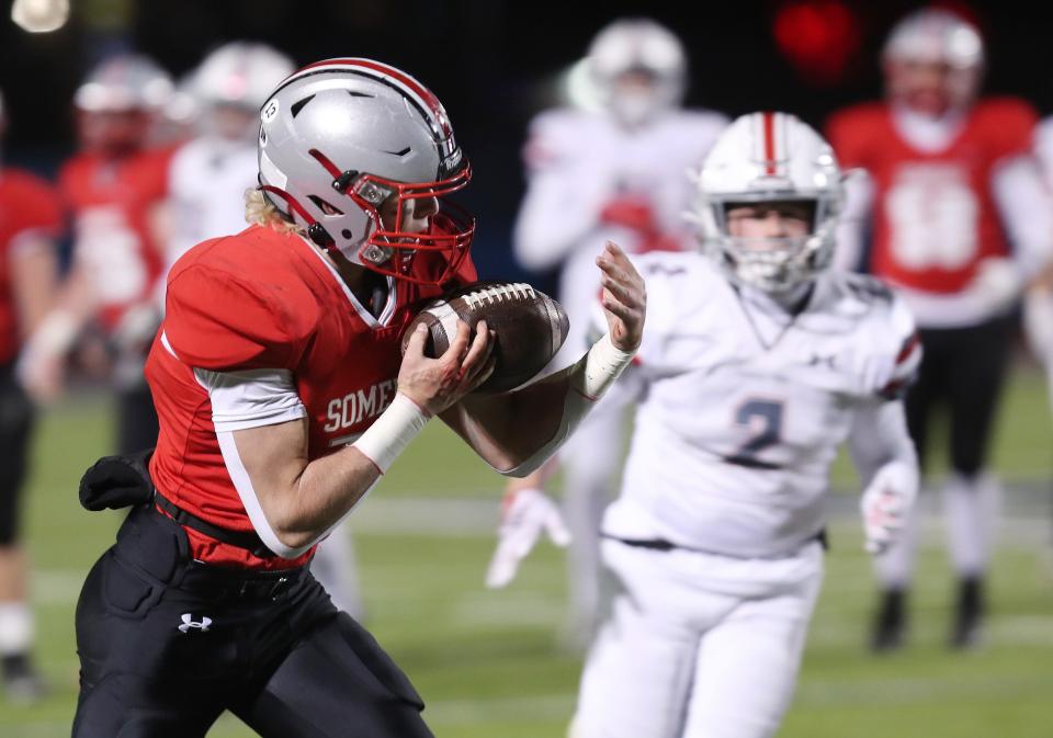 Somers Luke Savino catches a first half touchdown pass against Niskayuna during the Class A football state semifinal at Middletown  High School Nov. 25, 2022. Somers won the game 35-7.