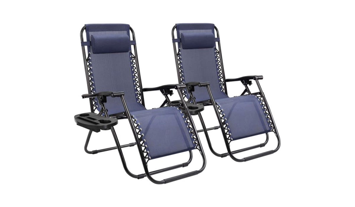 Pair of blue zero-gravity lounge chairs with attached cupholders