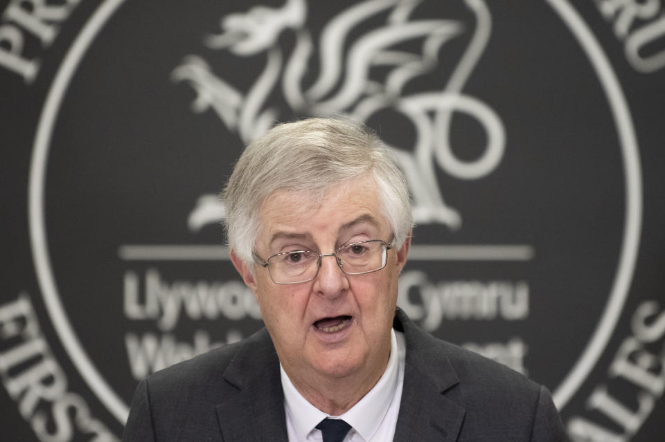 CARDIFF, WALES - OCTOBER 19: First Minister of Wales Mark Drakeford speaks during a press conference after the Welsh cabinet announced that Wales will go into national lockdown from Friday until 9 November, at the Welsh Government building in Cathays Park on October 19, 2020 in Cardiff, Wales. Cases of Covid-19 continue to rise in Wales even in areas that are already subject to restrictions. (Photo by Matthew Horwood/Getty Images)