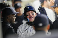 New York Yankees' Alex Verdugo celebrates after hitting a solo home run in the second inning of a baseball game against the Miami Marlins, Tuesday, April 9, 2024, in New York. (AP Photo/Mary Altaffer)
