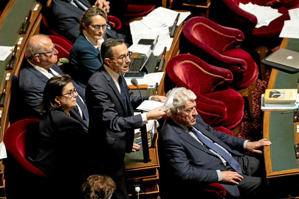 Bruno Retailleau au Sénat français lors d'une séance d'examen de la réforme des retraites proposée par le gouvernement à Paris, le 8 mars 2023.  - Credit:Blondet Eliot / Blondet Eliot/ABACA