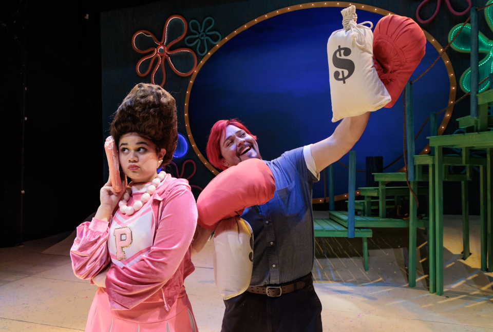 Susannah Knepper-Quijano as "Pearl Krabs" and Nick Imbruglio as "Mr. Krabs" in "The SpongeBob Musical," on stage at Cocoa Village Playhouse through May 19, 2024. Visit cocoavillageplayhouse.com.
