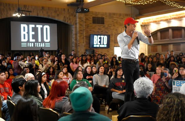 Texas gubernatorial candidate Beto O'Rourke speaks at a rally at Texas Tech University on Tuesday. He has visited 12 college campuses this month. (Photo: Annie Rice/Lubbock Avalanche-Journal/Associated Press)