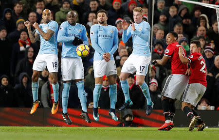 Soccer Football - Premier League - Manchester United vs Manchester City - Old Trafford, Manchester, Britain - December 10, 2017 Manchester City's Fabian Delph, Eliaquim Mangala, Kyle Walker and Kevin De Bruyne attempt to block a free kick REUTERS/Darren Staples