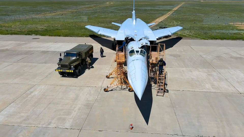 In this photo released by Russian Defense Ministry Press Service on Tuesday, May 21, 2024, Russian air force crew work to prepare a Tu-22M3 bomber for a training mission as part of drills to train the military for using tactical nuclear weapons at an undisclosed location in Russia. Russia's Defense Ministry on Tuesday said it began the first stage of drills involving tactical nuclear weapons. It was the first time Russia has publicly announced drills involving tactical nuclear weapons, although its strategic nuclear forces regularly hold exercises. (Russian Defense Ministry Press Service via AP)
