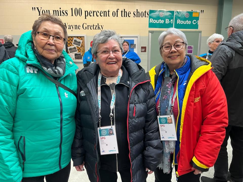 Commissioners for all three territories in Canada pose for a picture. NWT Commissioner Margaret Thom (left), Yukon Comssioner Adeline Webber (middle) and Nunavut Commissioner Eva Aariak (right). 