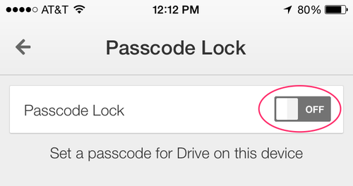 Google Drive passcode lock settings screen