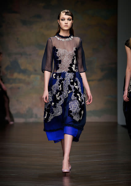 <b>LFW AW13: Michael van der Ham </b><br><br>The collection featured brocade style prints.<br><br>© Getty