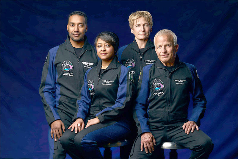 The Ax-2 crew (left to right): Saudi astronauts Ali Alqarni and Rayyanah Barnawi, commander  Peggy Whitson and co-pilot John Shoffner. / Credit: Axiom Space