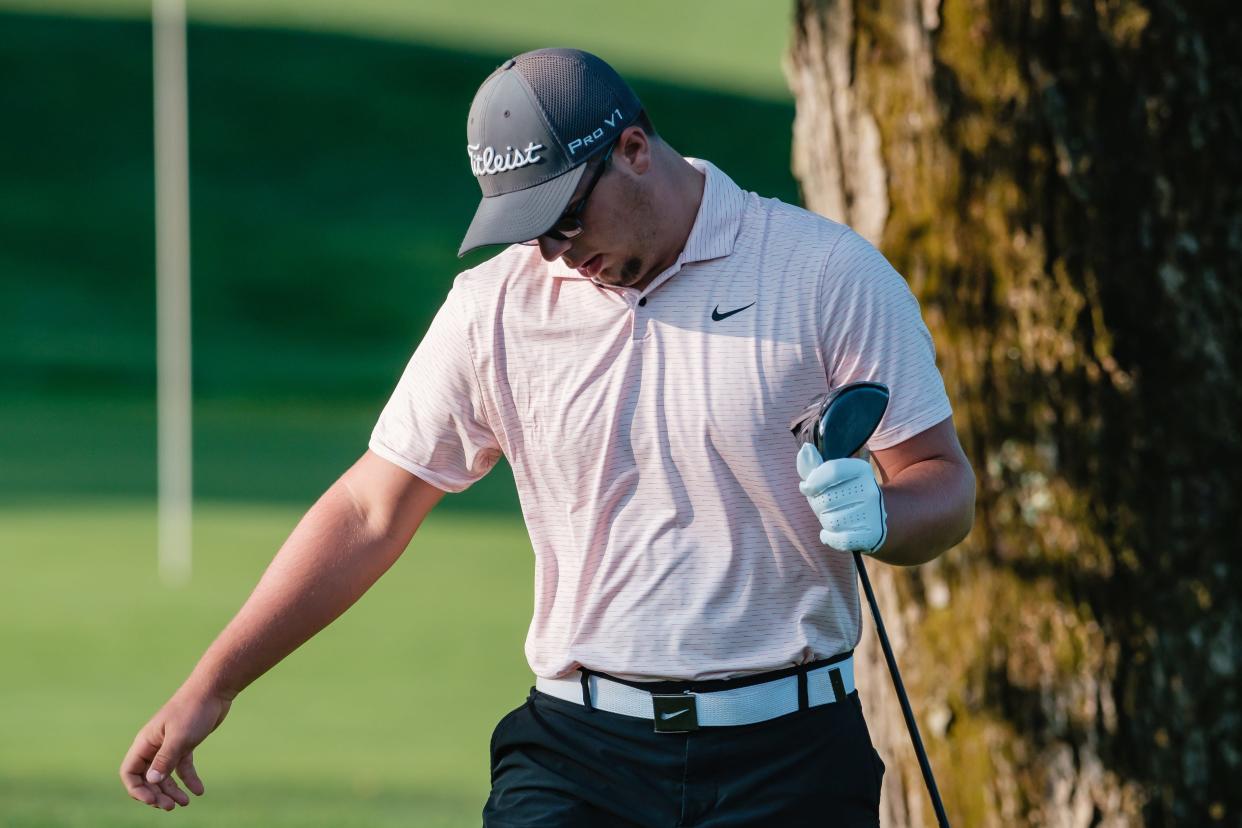 Connor Ritter reacts to his first drive during the First National Bank Junior Golf Tour, Thursday, July 21 at Wilkshire Golf Course in Bolivar.