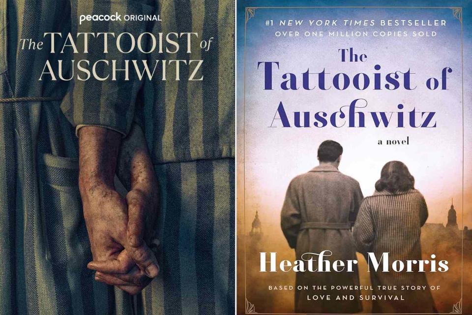 <p>Peacock; amazon</p> Tattooist of Auschwitz movie poster and book cover