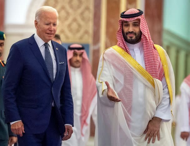 PHOTO: Saudi Crown Prince Mohammed bin Salman, right, welcomes U.S. President Joe Biden to Al-Salam Palace in Jeddah, Saudi Arabia, July 15, 2022. (Bandar Aljaloud/Saudi Royal Palace via AP, FILE)